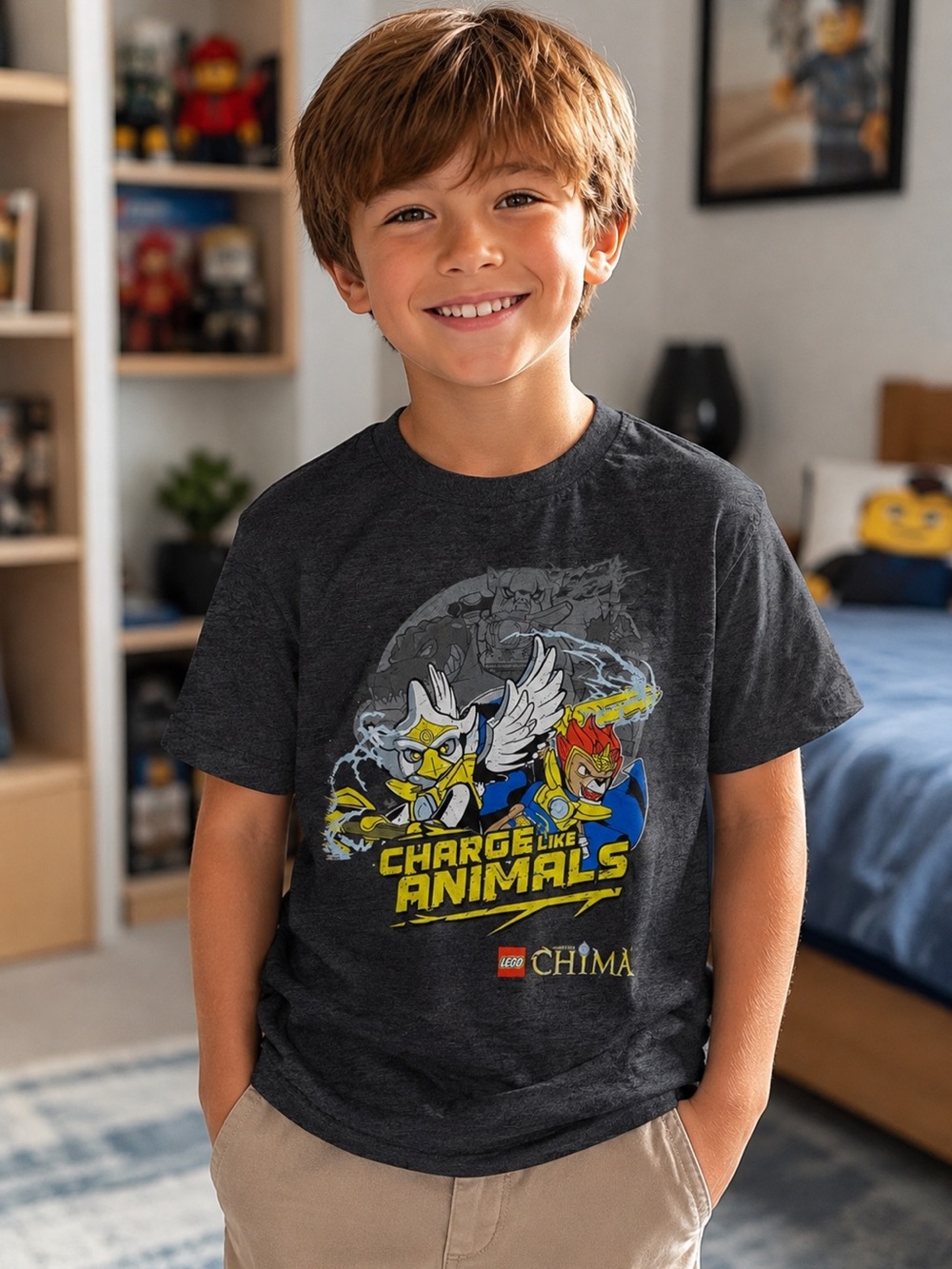 Lego Chima Boys' Dark Gray Graphic Tee with Yellow & Blue Print